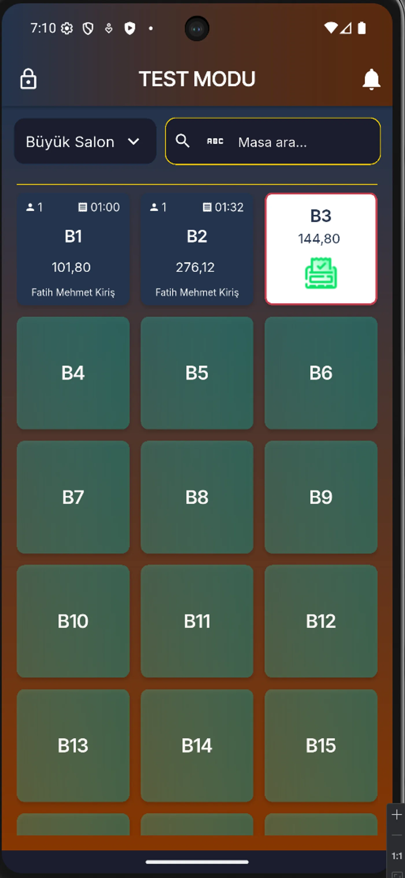 RestroidAPP Masa Görünümü