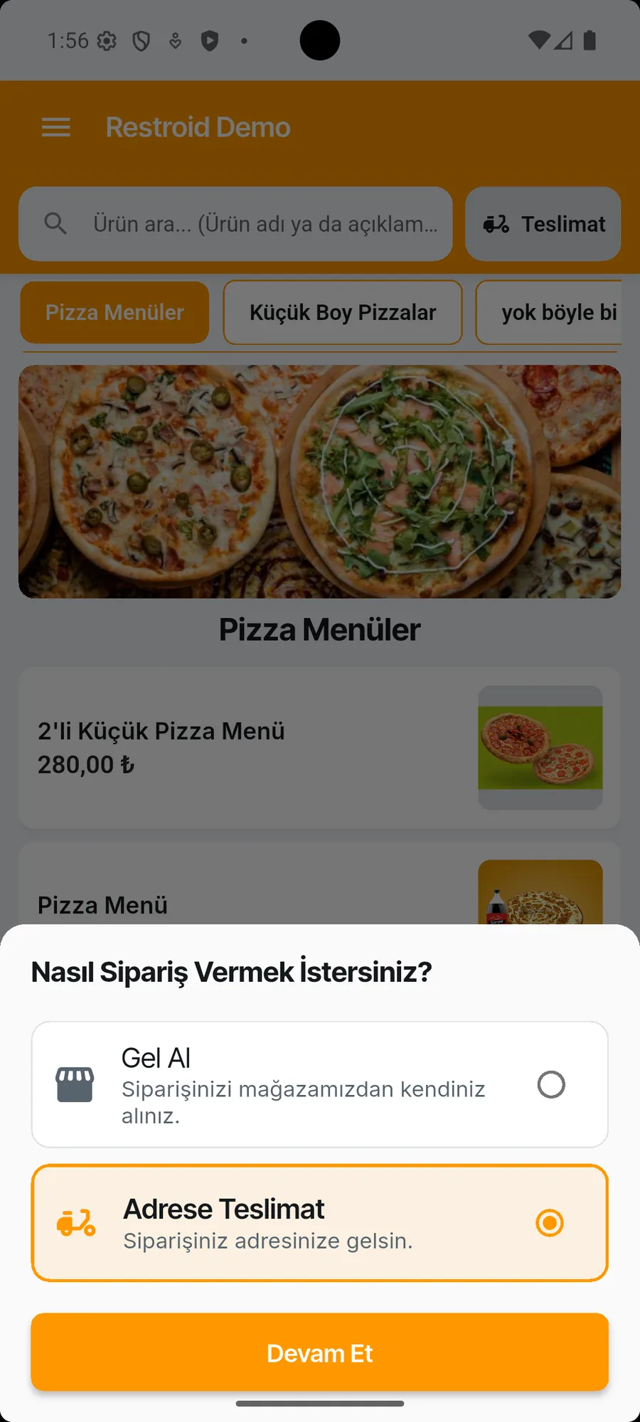 RestroidORDER Teslimat Seçimi