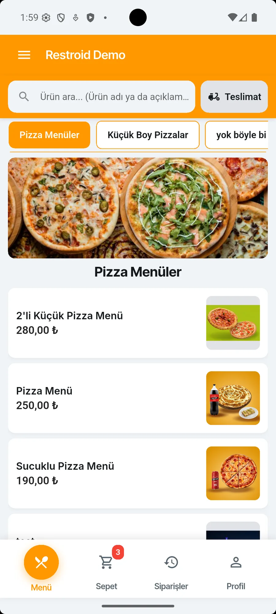 RestroidORDER Menü Ana Ekranı